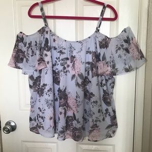Blue Floral Cold Shoulder Blouse